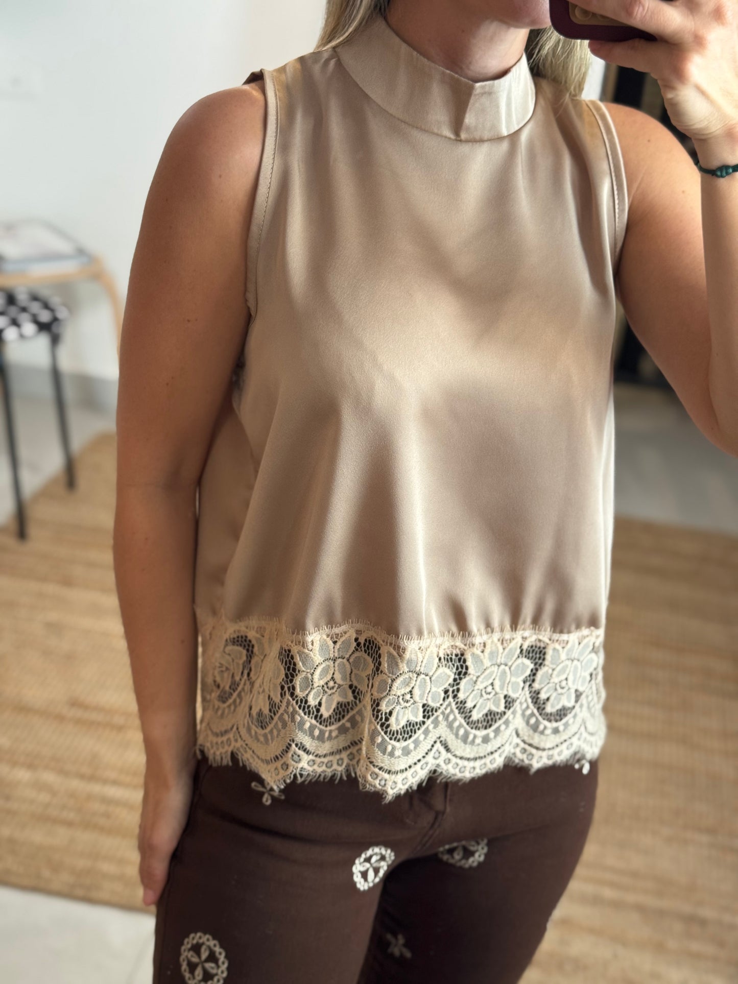 Satin Lace Turtleneck Top