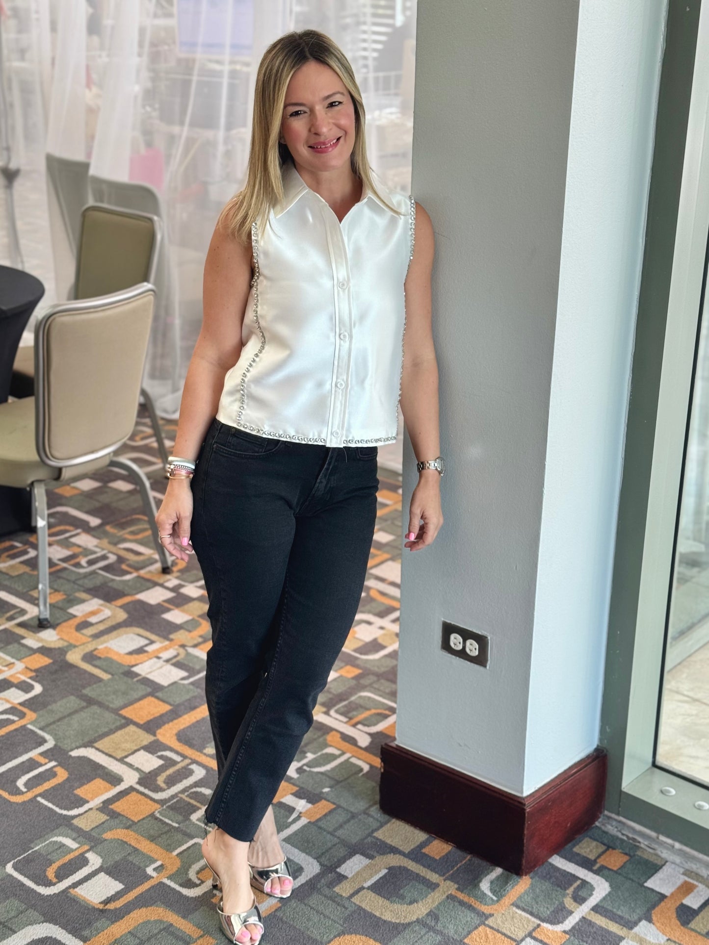 Rhinestones Button Down Top