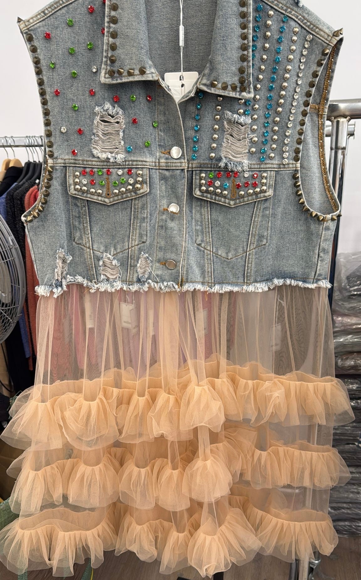 Embellished Tulle Denim Vest