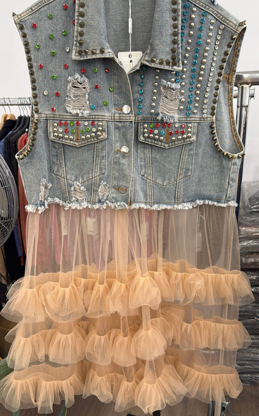 Embellished Tulle Denim Vest