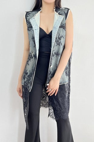 Floral Lace Long Denim Vest