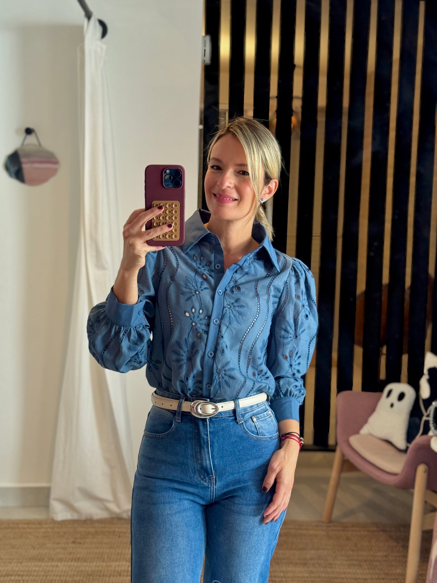 Eyelet Long Sleeve Blouse