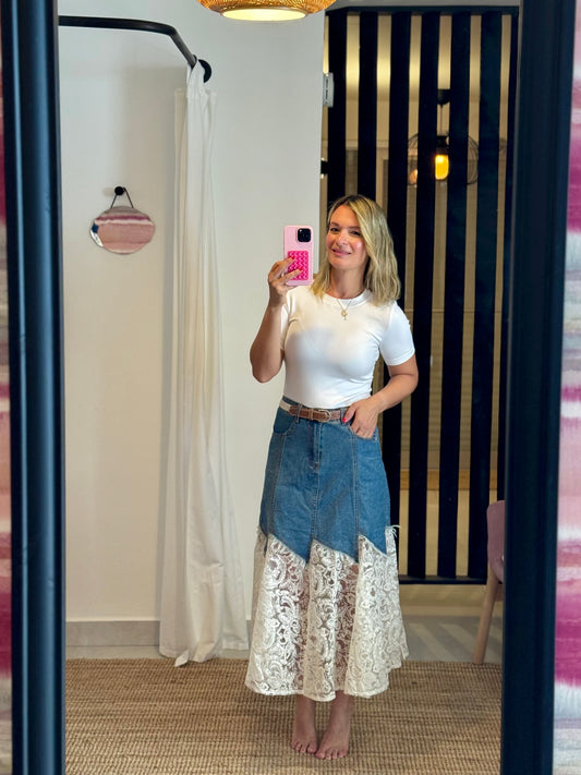 Belted Denim & Lace Midi Skirt