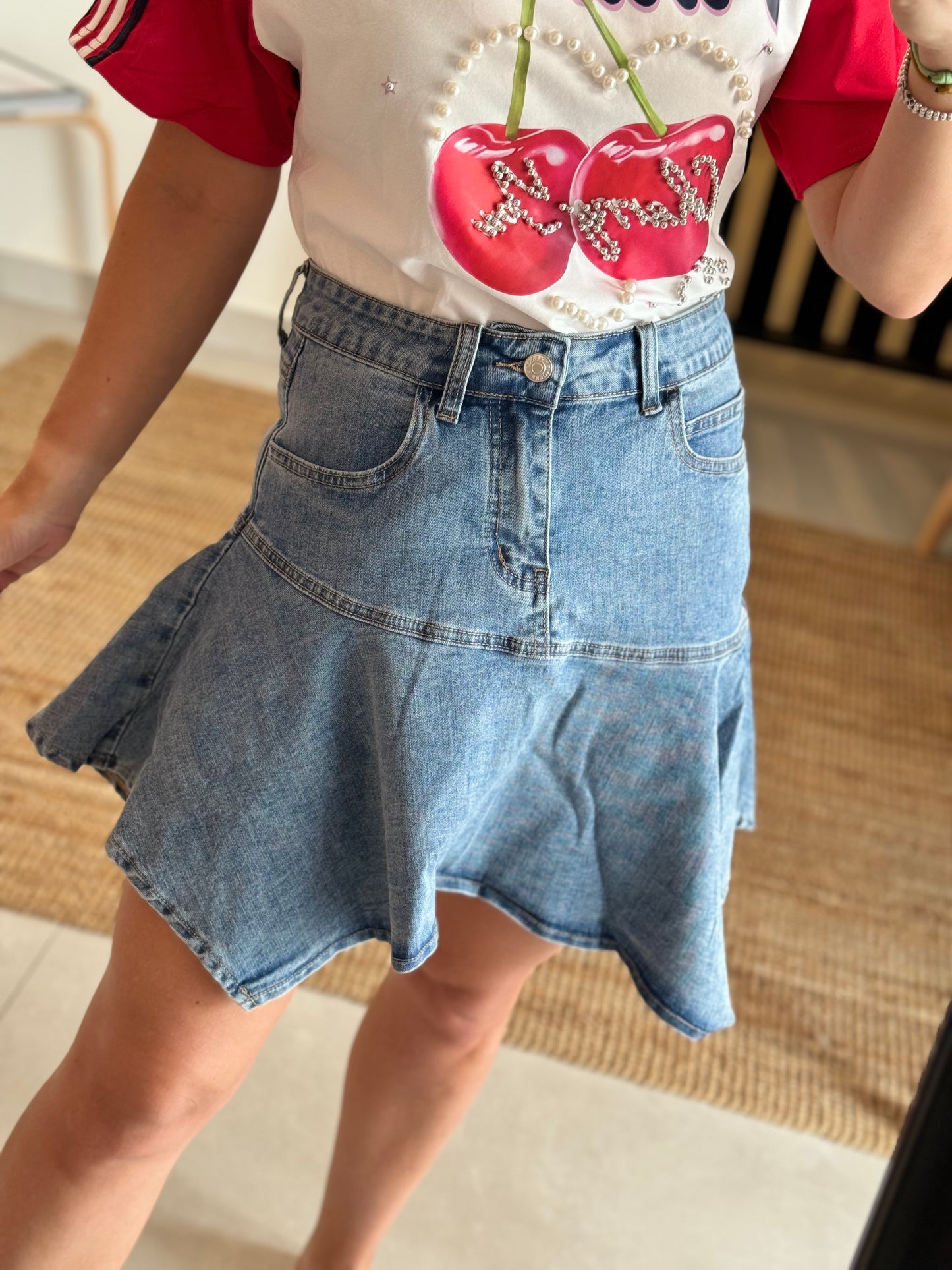 Ruffle Asymmetrical Denim Skirt