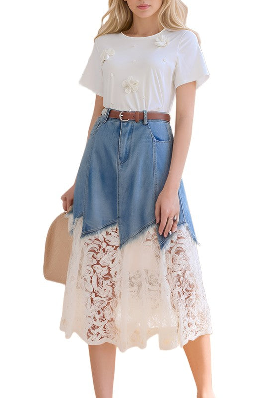 Belted Denim & Lace Midi Skirt