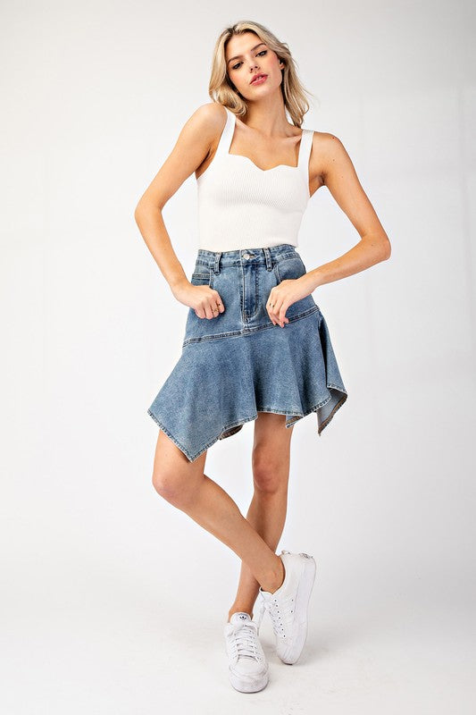 Ruffle Asymmetrical Denim Skirt