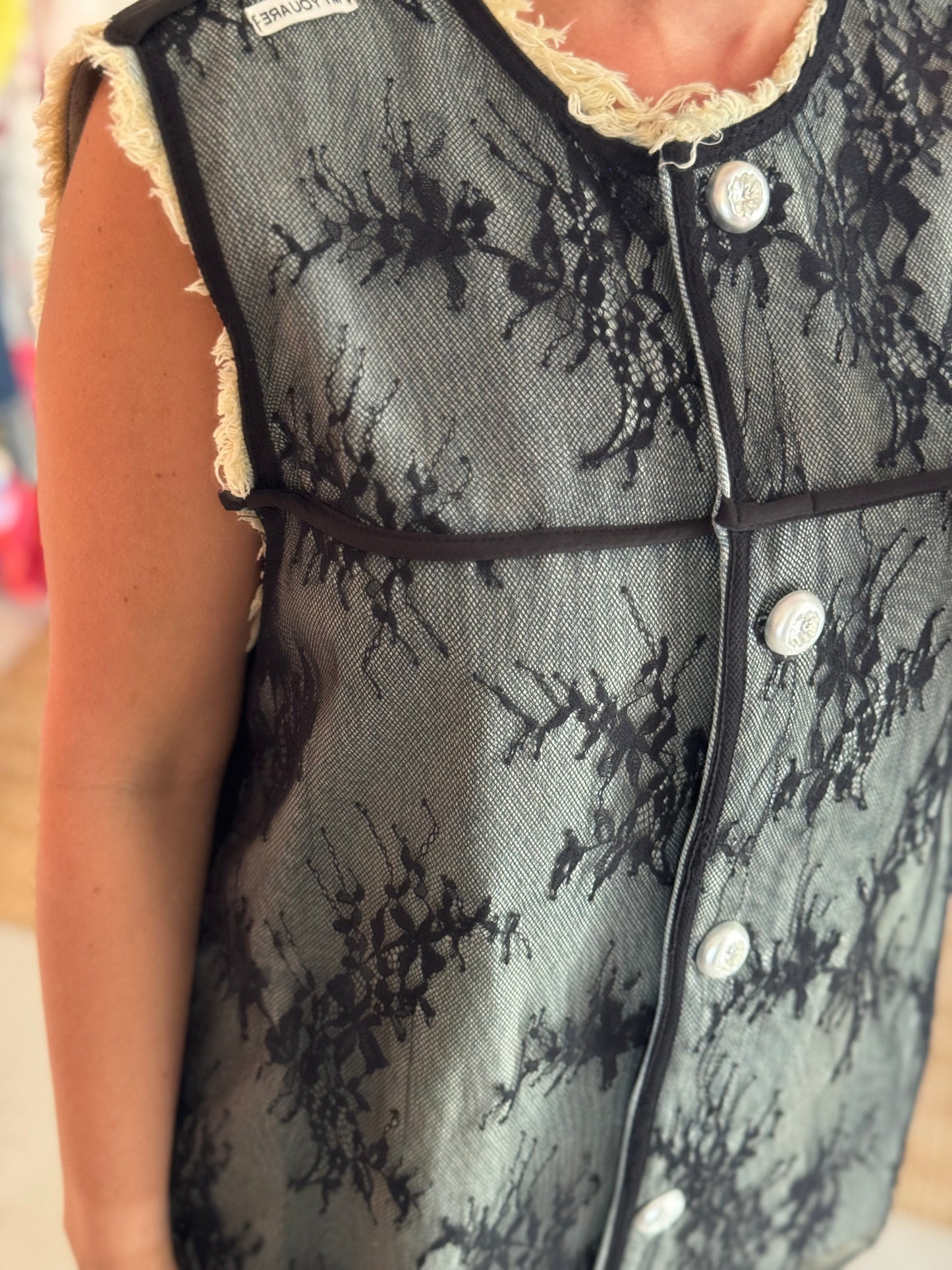 Floral Lace Long Denim Vest