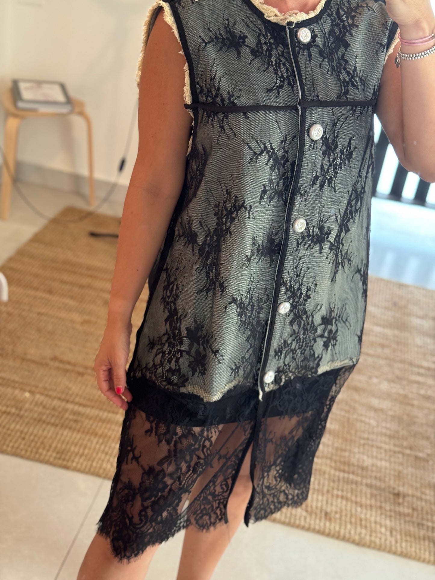 Floral Lace Long Denim Vest
