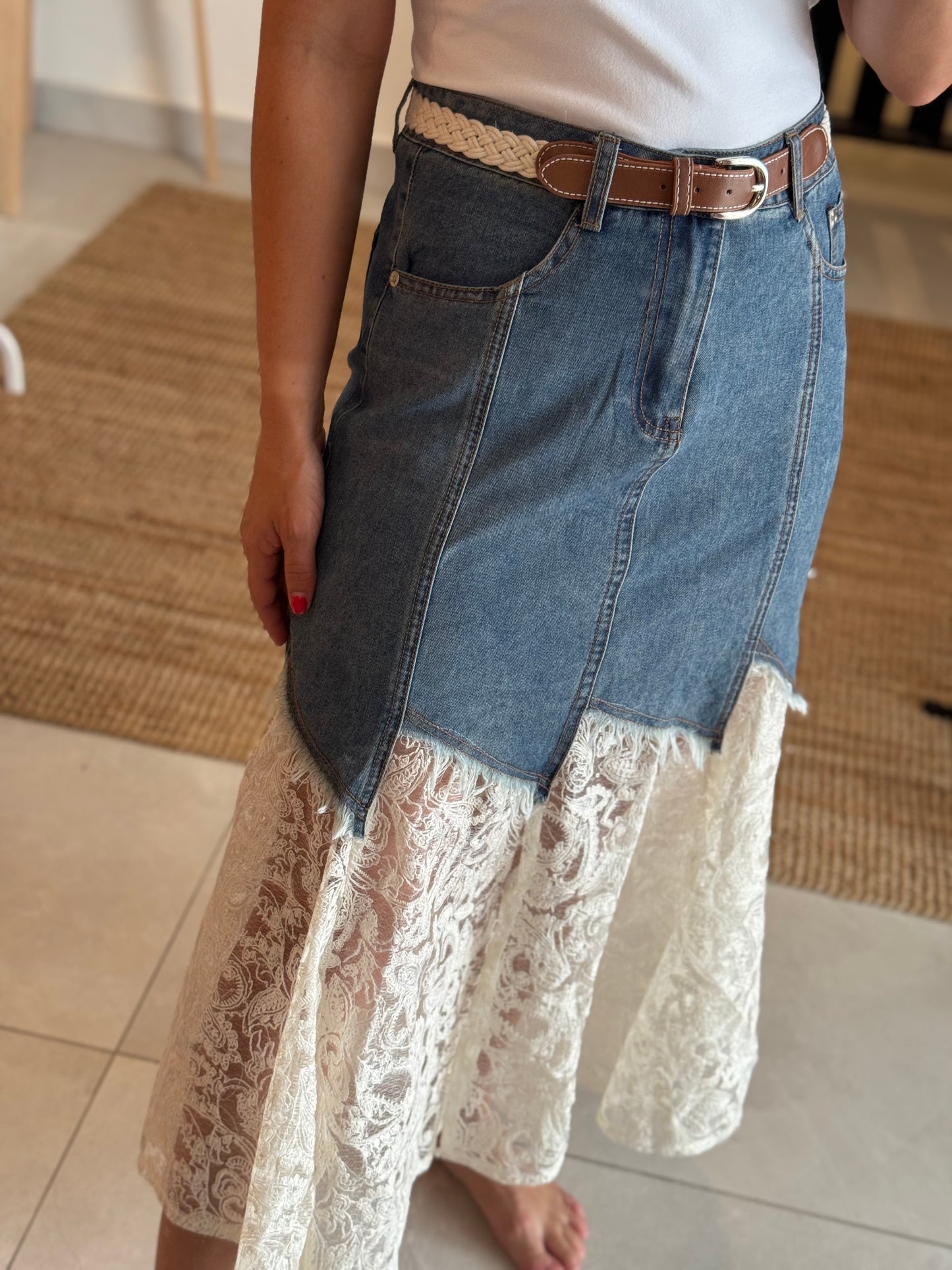 Belted Denim & Lace Midi Skirt
