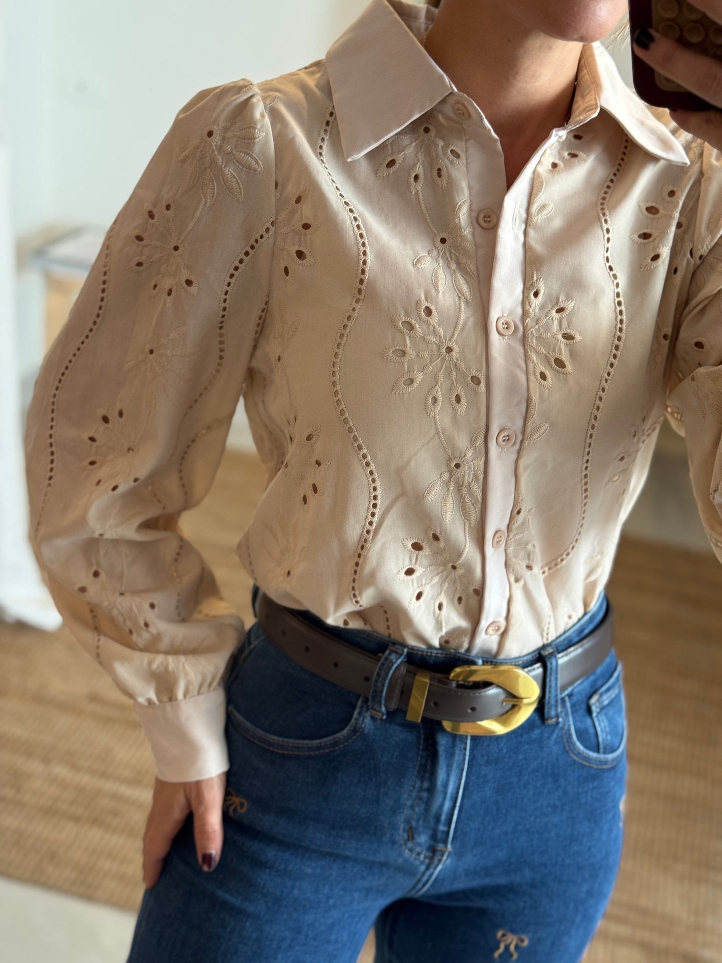 Eyelet Long Sleeve Blouse