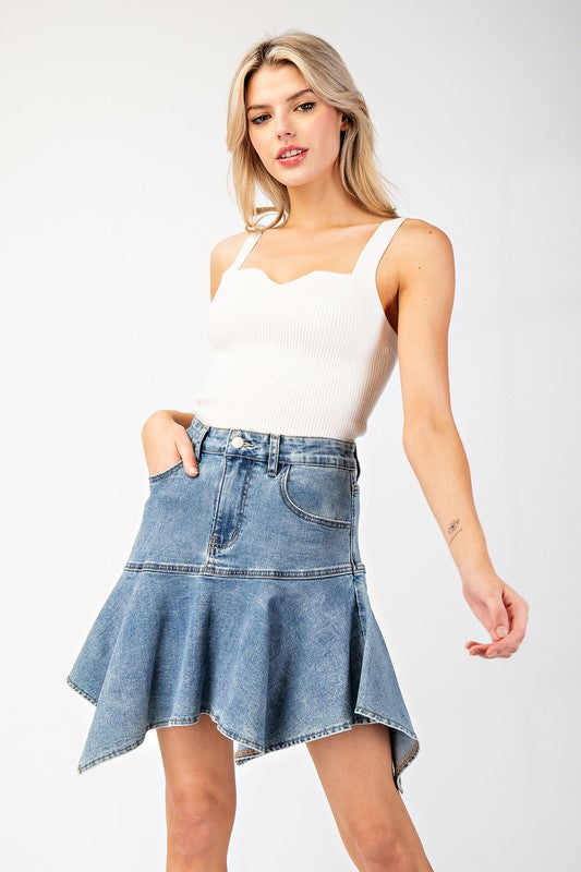 Ruffle Asymmetrical Denim Skirt