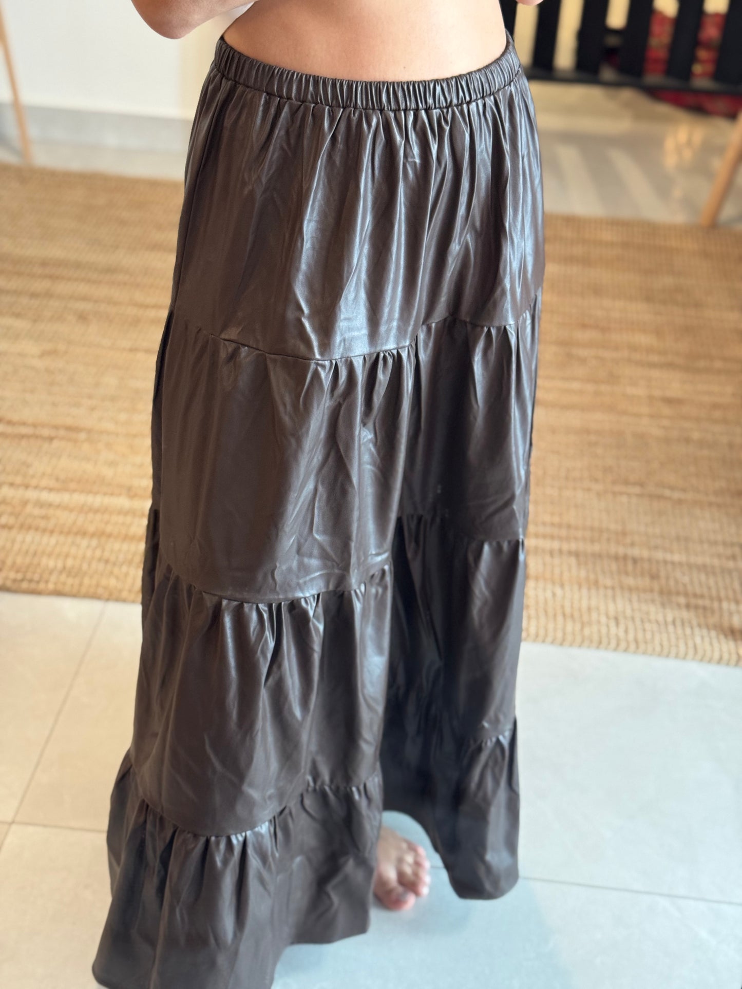 Elastic Waist Faux Leather Skirt