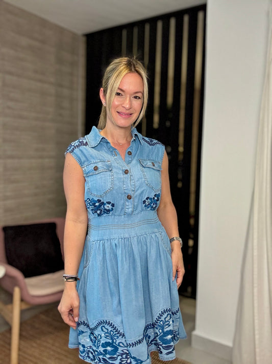 Embroidered Denim Dress