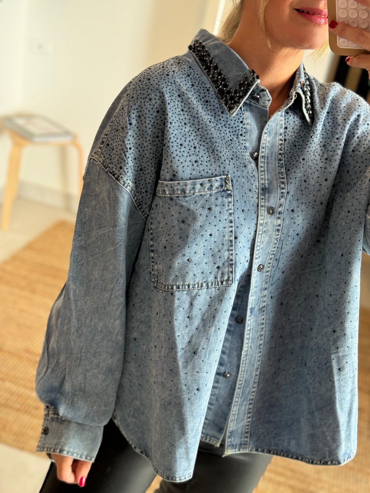 Rhinestones Denim Button Down Shirt