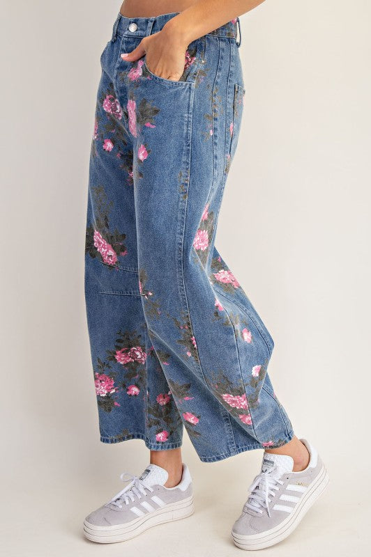 Floral Print Barrel Jean