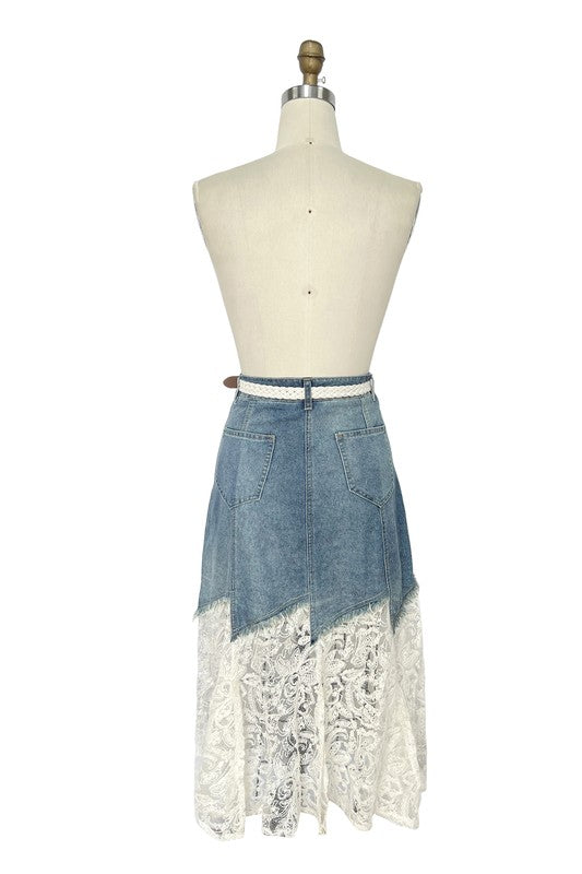 Belted Denim & Lace Midi Skirt