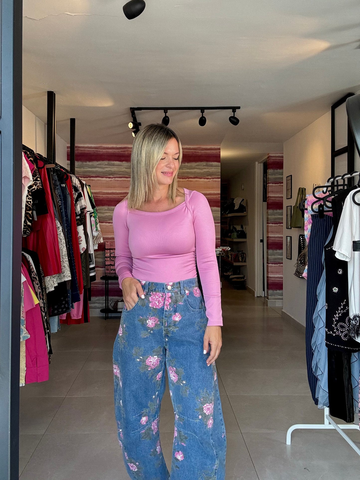 Floral Print Barrel Jean