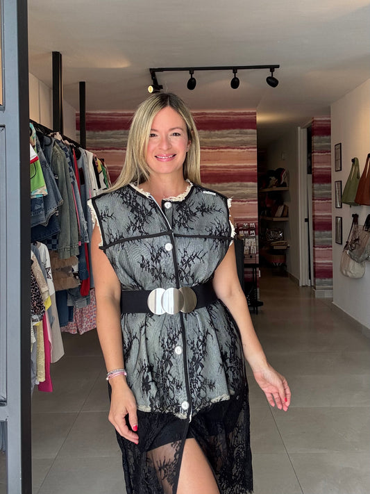 Floral Lace Long Denim Vest