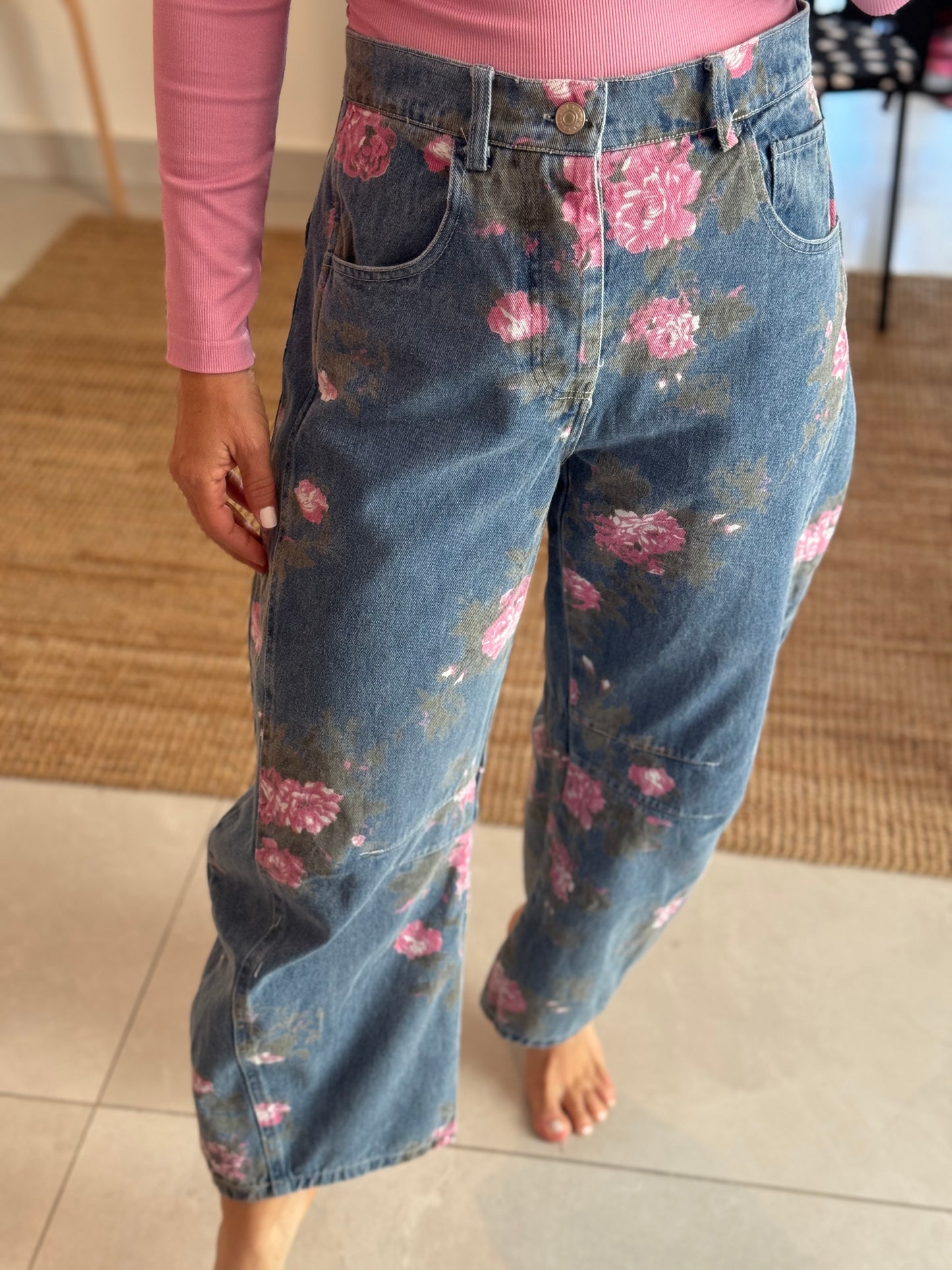 Floral Print Barrel Jean