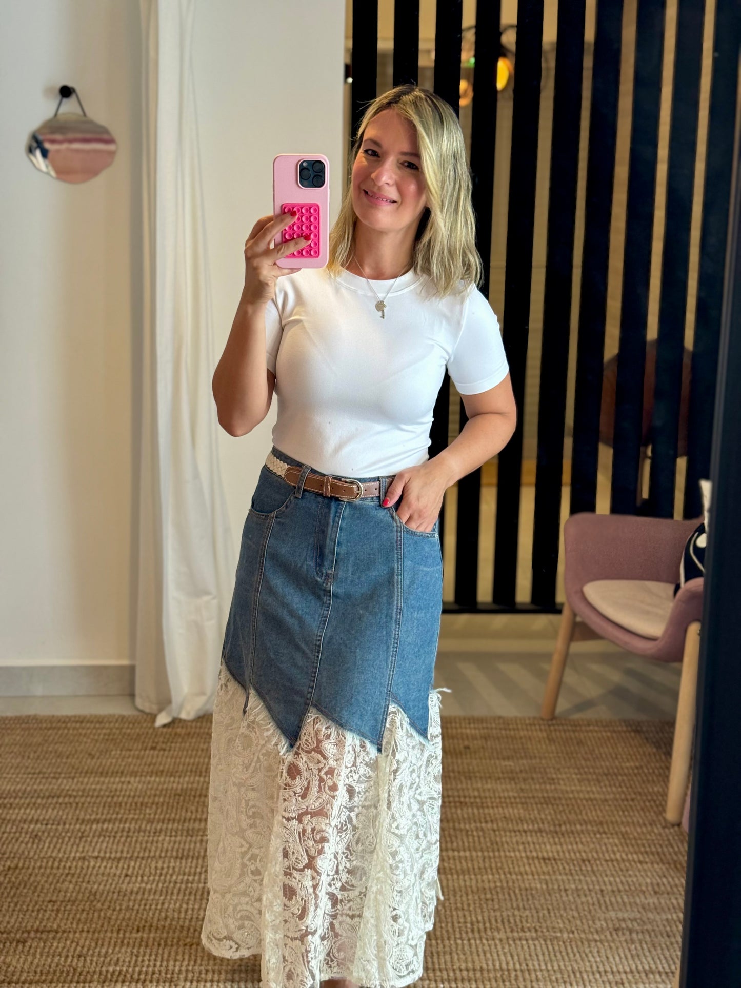 Belted Denim & Lace Midi Skirt