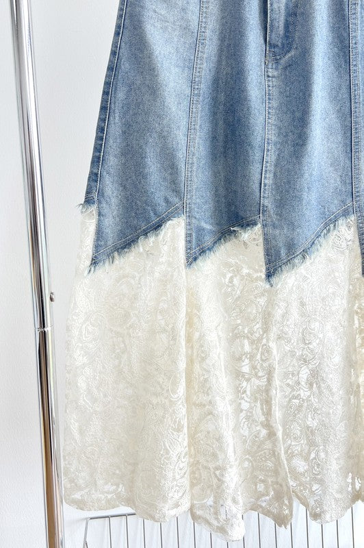 Belted Denim & Lace Midi Skirt