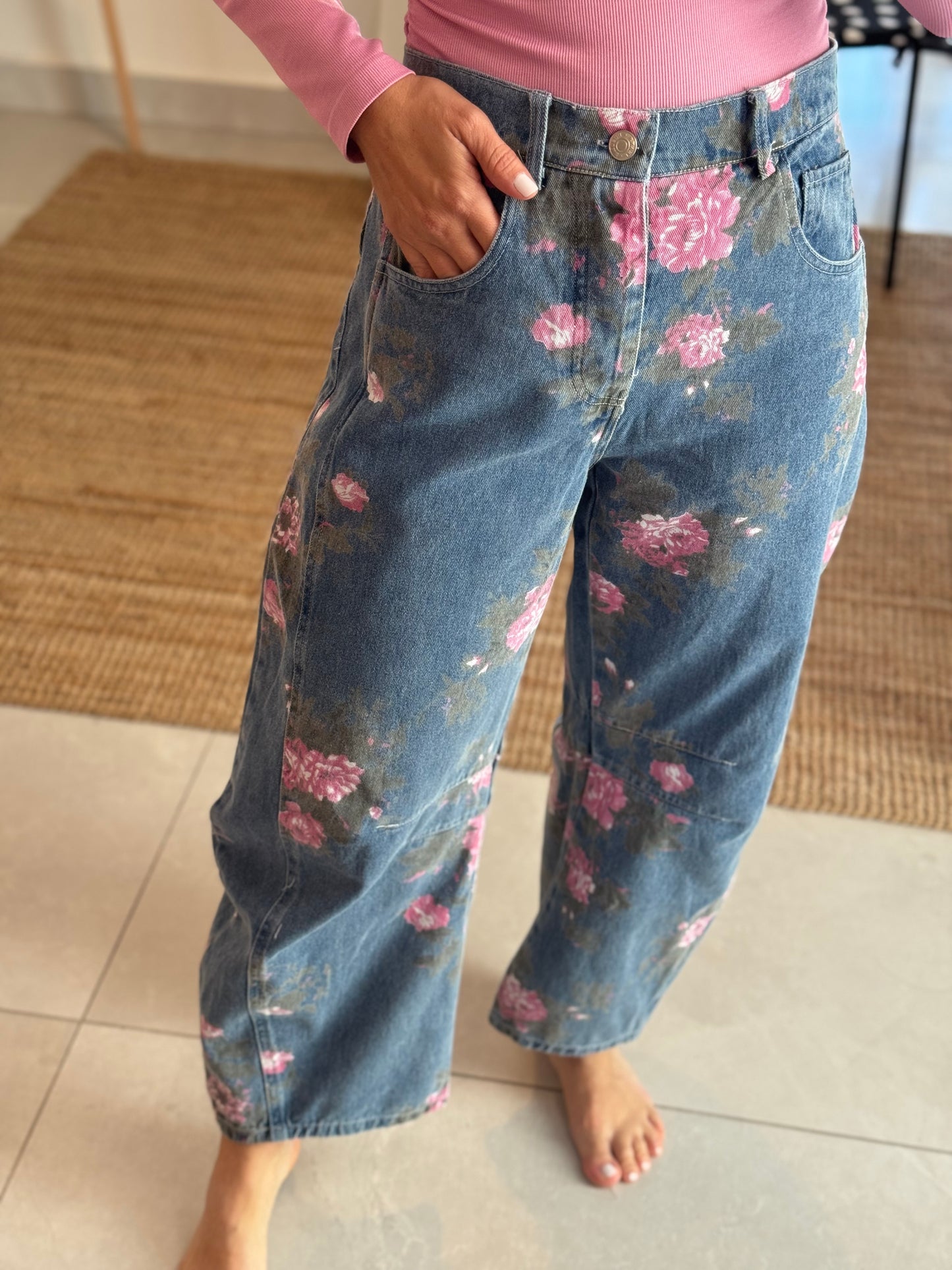 Floral Print Barrel Jean