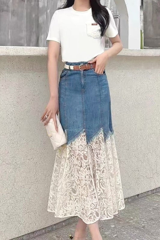 Belted Denim & Lace Midi Skirt