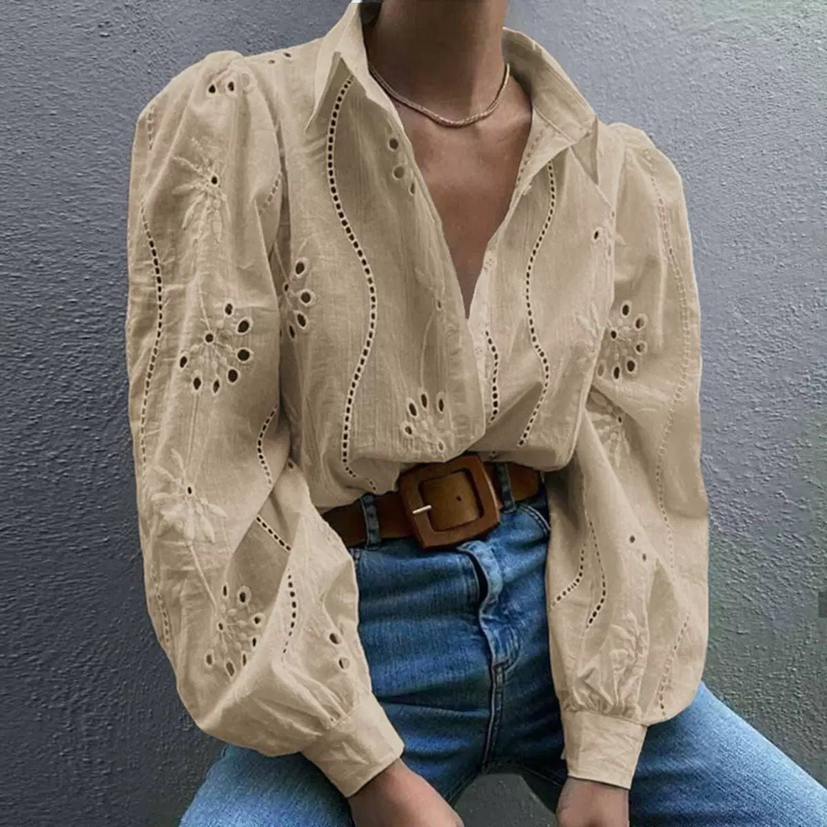 Eyelet Long Sleeve Blouse