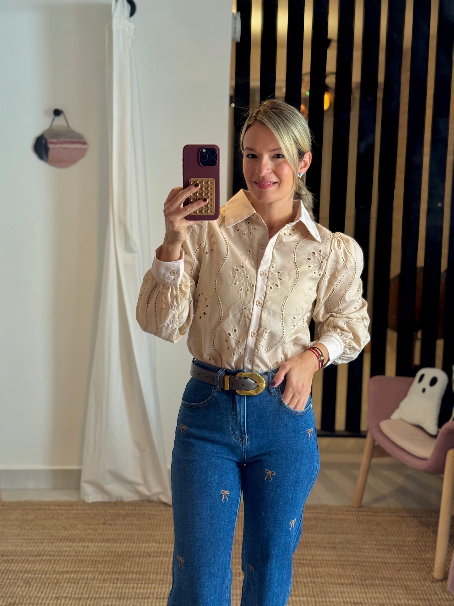 Eyelet Long Sleeve Blouse