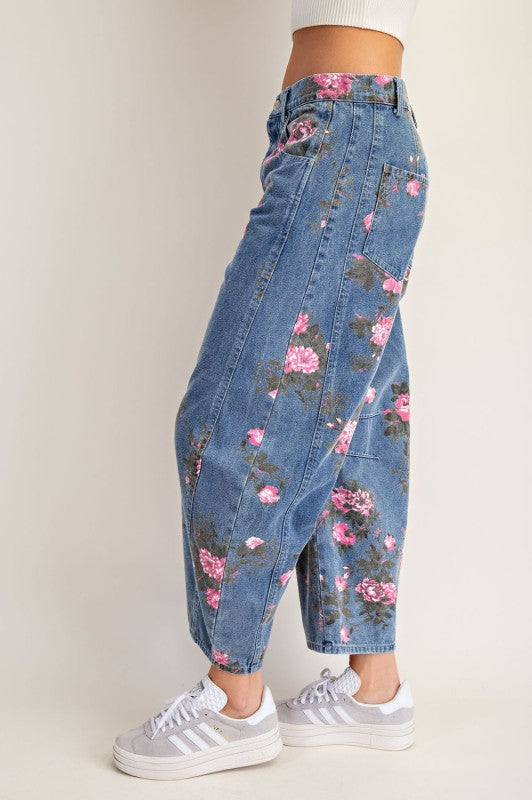 Floral Print Barrel Jean
