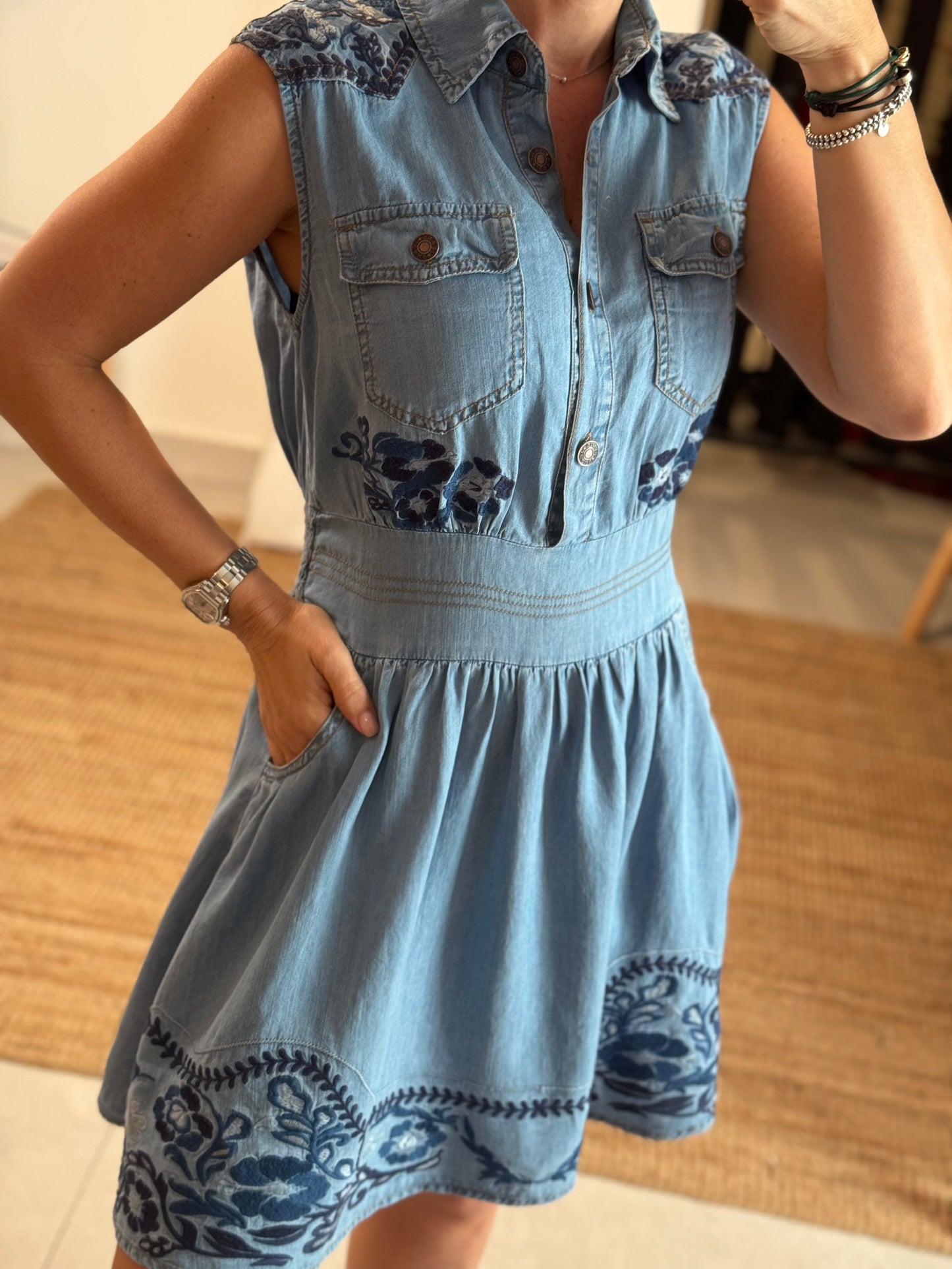 Embroidered Denim Dress