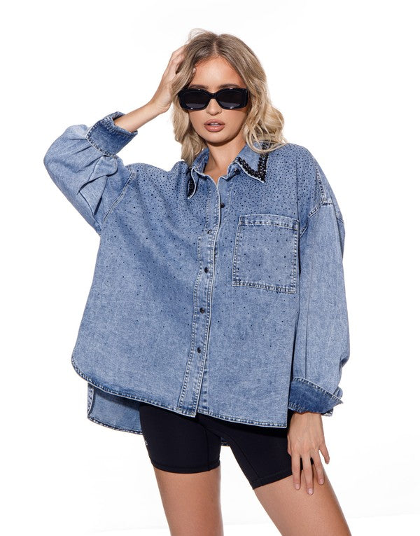 Rhinestones Denim Button Down Shirt